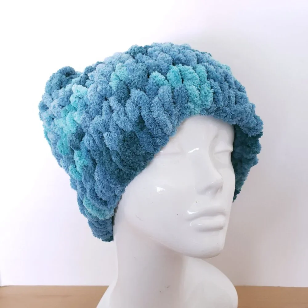 Women's New Handmade Chunky Crochet Soft Fluffy Blue Cat Ears Beanie One Size
